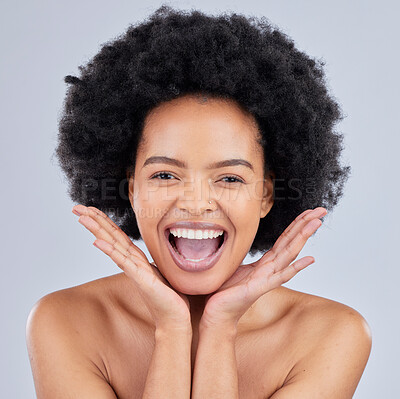 Buy stock photo Face, natural and portrait of black woman with beauty skincare isolated in a studio gray background and happy. Skin, African and confident young person with healthy dermatology cosmetic care