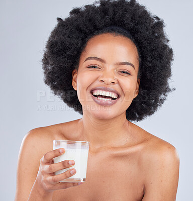 Buy stock photo Happy woman, portrait and drink milk in studio for healthy skin, diet and calcium on white background. African model, dairy smoothie and glass of vanilla milkshake for nutrition, protein and beauty 