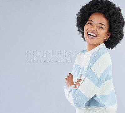 Buy stock photo Fashion, space and arms crossed with portrait of black woman in studio for education, casual and trendy style. Happy, pride and mockup with person on white background for college, future and gen z