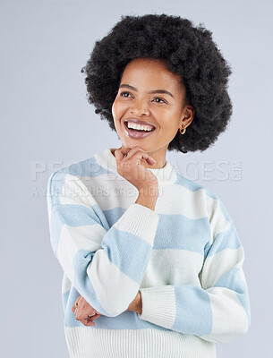 Buy stock photo Happy black woman thinking of ideas in studio, planning insight or brainstorming future goal on white background. Model, smile and daydream of decision, remember memory or fantasy of solution in mind
