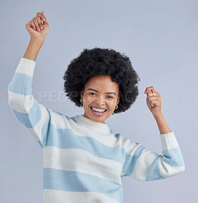 Buy stock photo Happy black woman, portrait and dancing in studio for fun party, deal or celebrate winning bonus on white background. Excited model, music and cheers of success, celebration or achievement of freedom