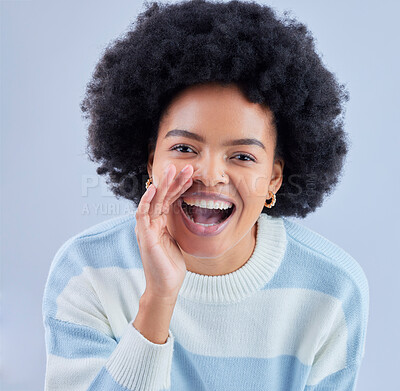 Buy stock photo Portrait, announcement and black woman shouting secret in studio isolated on a blue background. Face, smile and person sharing gossip, news or speaking of information for communication of promotion