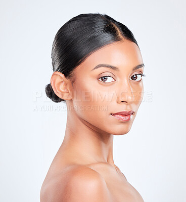 Buy stock photo Dermatology, beauty and portrait of Indian woman in studio for wellness, healthy skin and facial care. Skincare, salon and face of person isolated with makeup, cosmetics and glow on white background