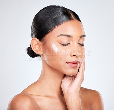 Buy stock photo Shine, cream or woman with skincare, dermatology or wellness on a white studio background. Person, aesthetic or model with creme, moisturiser or luxury with self care, beauty or cosmetics with lotion