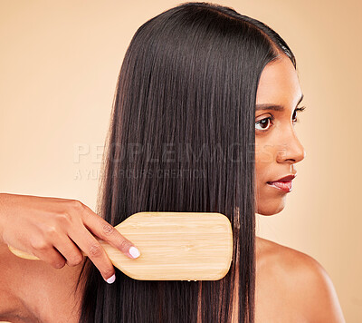 Buy stock photo Hair, woman and brush for beauty and cosmetic tools, shampoo and keratin treatment shine on studio background. Texture, wellness and haircare equipment, straight hairstyle and growth with routine