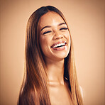 Hair, beauty and cosmetics with happy woman in portrait, keratin treatment and wellness on studio background. Shine, salon hairstyle and haircare with texture, growth with self care and natural