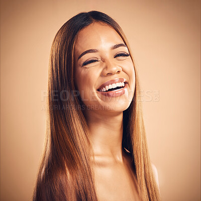 Buy stock photo Hair, beauty and cosmetics with happy woman in portrait, keratin treatment and wellness on brown background. Shine,  hairstyle and haircare with texture, growth with self care and natural in studio
