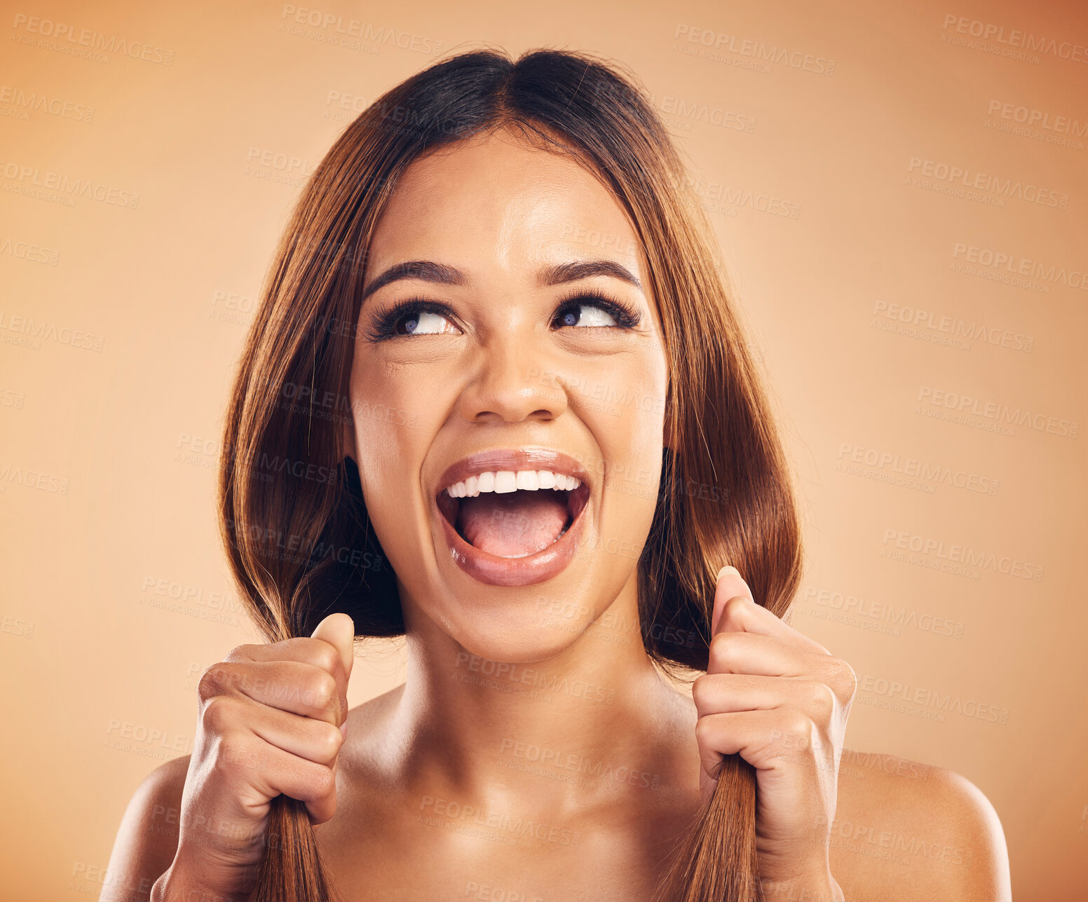 Buy stock photo Face, happiness and woman with straight healthy hair, texture shine and strong extensions, volume or highlights. Salon studio, clean hairstyle and face of happy person scream on brown background