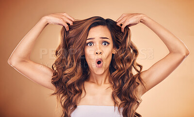Buy stock photo Portrait, woman and wow for curly hair beauty isolated on brown background in studio. Face, hairstyle surprise and natural cosmetics of shocked model in salon treatment for health, wellness or growth