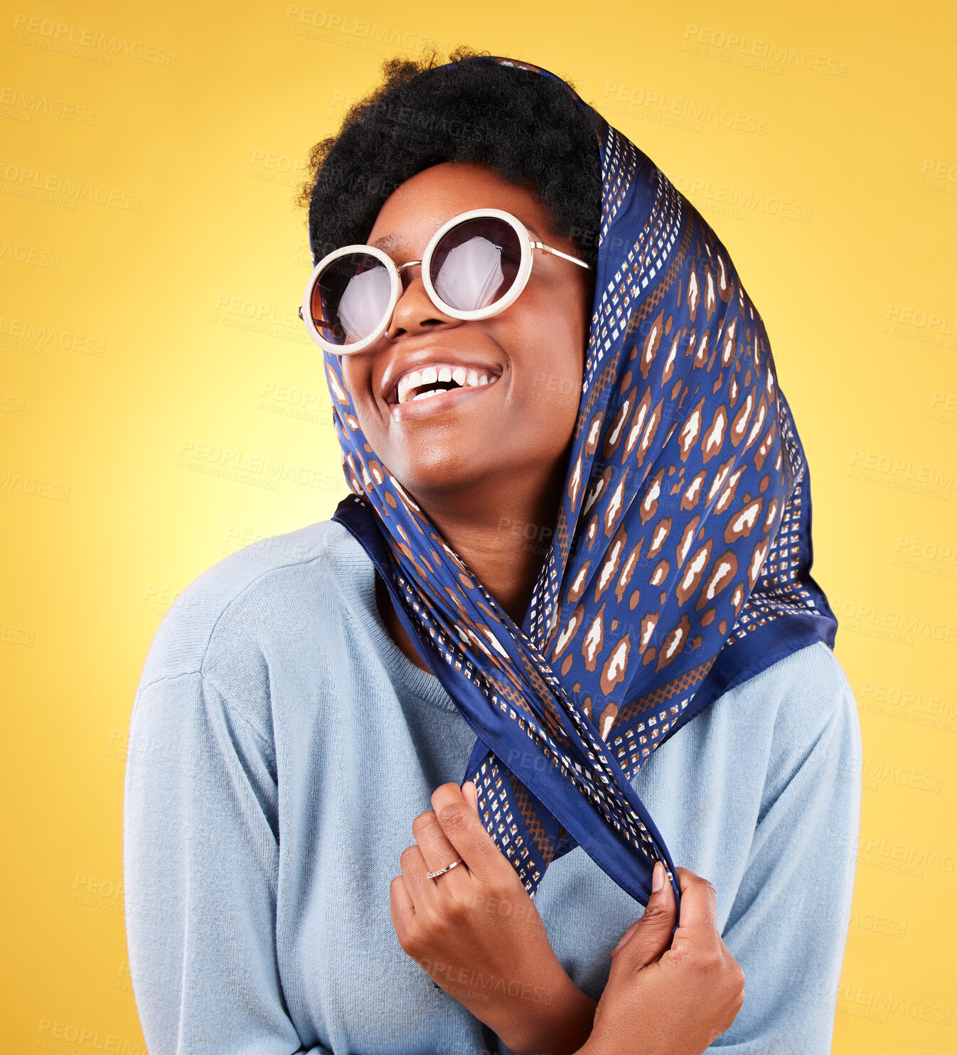 Buy stock photo Fashion, laughing and sunglasses with face of black woman in studio for vintage, trendy and beauty. Elegant, makeup and pride with person and retro scarf on yellow background for frames and style
