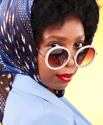 Buy stock photo Fashion, makeup and sunglasses with portrait of black woman in studio for vintage, trendy and beauty. Elegant, retro and pride with face of person and scarf on yellow background for frames and style