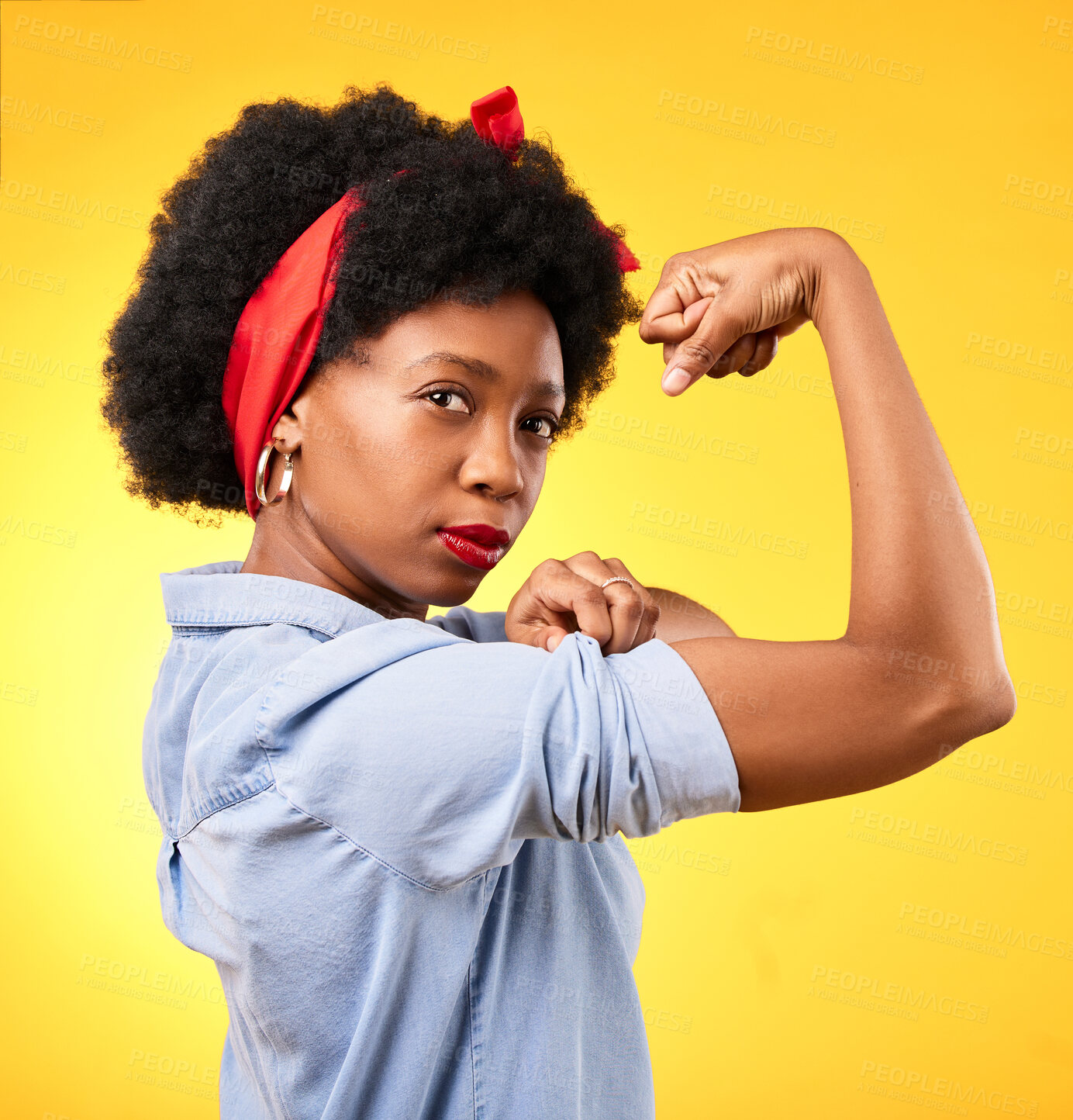 Buy stock photo Power, flex and success with portrait of black woman in studio for muscle, motivation and energy. Empowerment, pride and champion with person and fist on yellow background for challenge and hard work