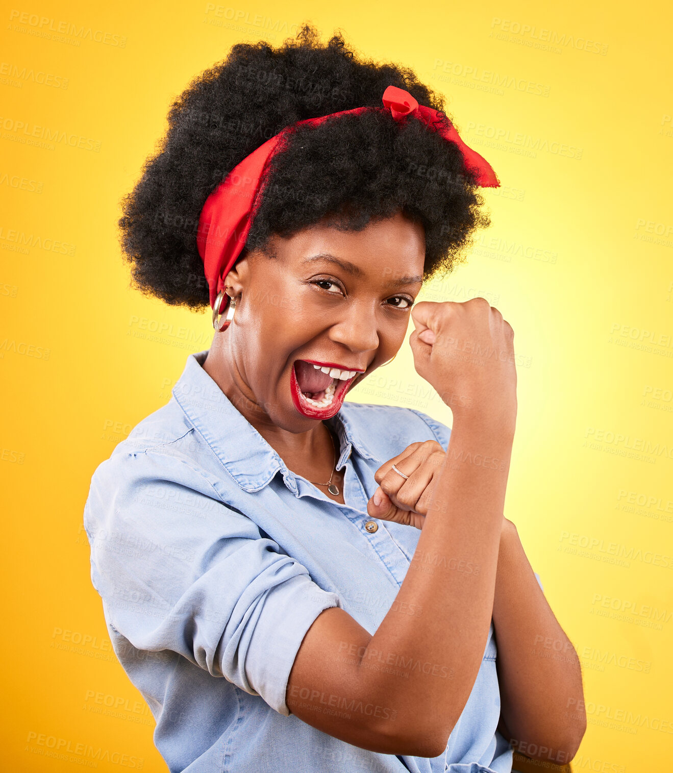 Buy stock photo Muscle, flex and success with portrait of black woman in studio for power, motivation and energy. Empowerment, pride and champion with person and fist on yellow background for challenge and hard work