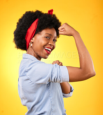 Buy stock photo Muscle, flex and smile with portrait of black woman in studio for power, motivation and energy. Empowerment, pride and champion with person and fist on yellow background for challenge and hard work