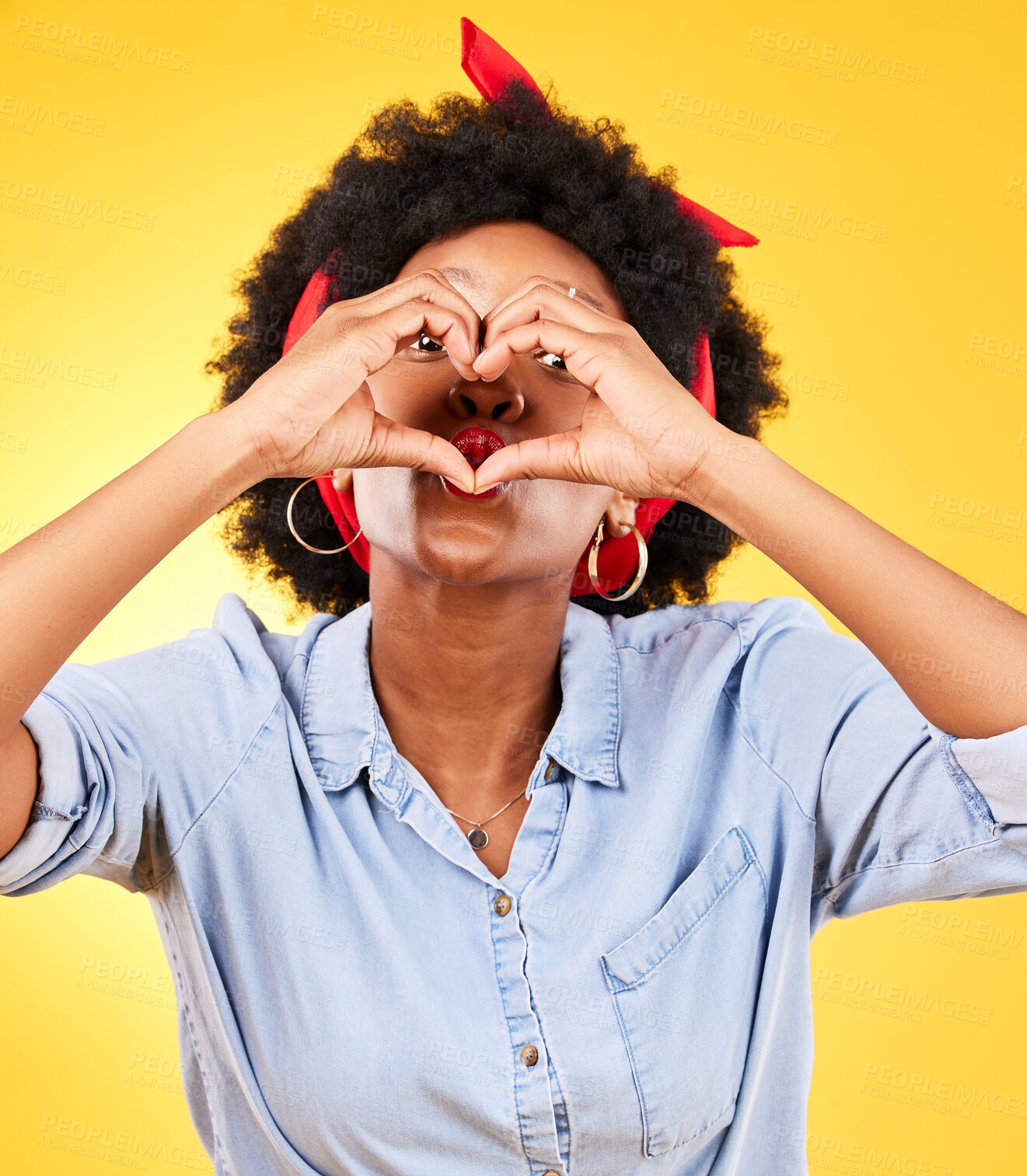 Buy stock photo Heart, sign and happy black woman with love hand gesture as support and care isolated in a studio yellow background. Kindness, emoji and young person with gratitude, like and review symbol or icon