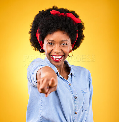 Buy stock photo Hand pointing, portrait and black woman in studio with choice, you or selection on yellow background. Face, happy and African female model with emoji hand for vote, decision or attention with a smile