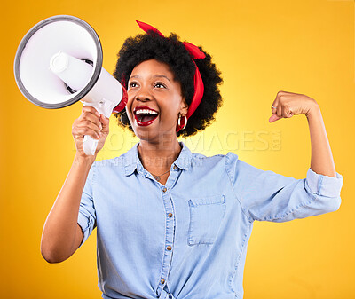 Buy stock photo Smile, megaphone and black woman flex arms, motivation and female empowerment on a yellow studio background. African person, girl and model with bullhorn, change and equality with justice and speech