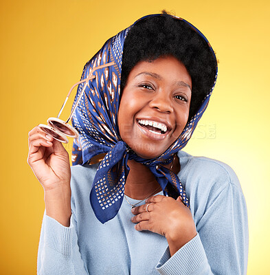 Buy stock photo Fun, retro and woman portrait with sunglasses and smile closeup with vintage frames accessories in studio. African female model, confidence and happy with trendy summer fashion with yellow background