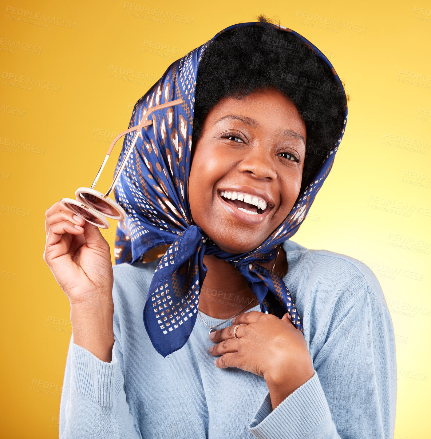 Buy stock photo Fun, retro and woman portrait with sunglasses and smile closeup with vintage frames accessories in studio. African female model, confidence and happy with trendy summer fashion with yellow background