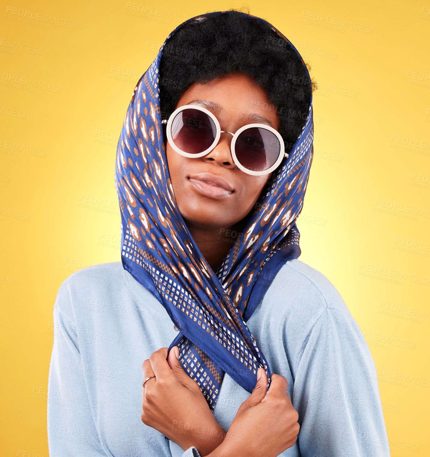 Buy stock photo Fashion, vintage and sunglasses with portrait of black woman in studio for retro, trendy and beauty. Elegant, makeup and pride with face of person and scarf on yellow background for frames and style