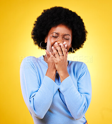 Sad, mental health and crying face of black woman in studio or yellow background with depression, crisis and pain. Sadness, mockup and person with stress, anxiety and expression of grief or emotion