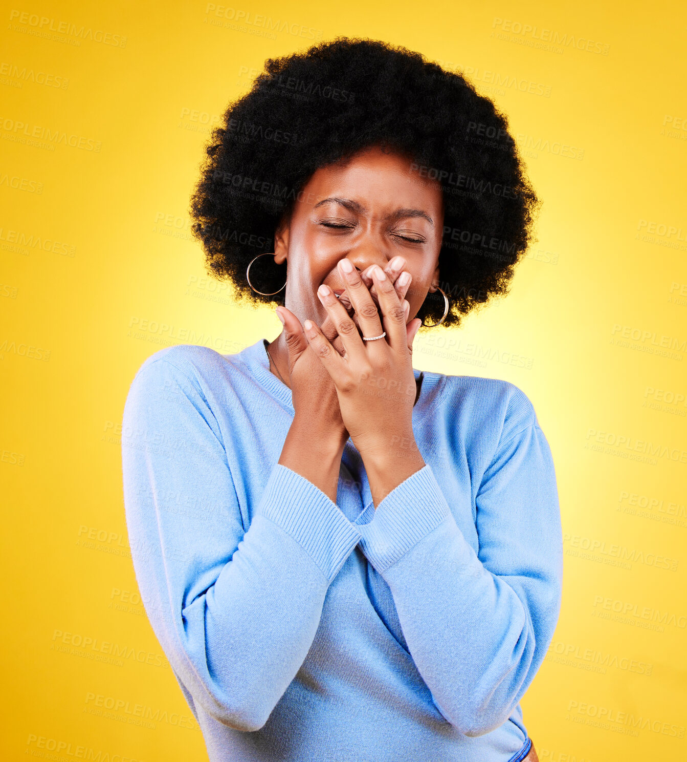 Buy stock photo Sad, mental health and crying face of black woman in studio or yellow background with depression, crisis and pain. Sadness, mockup and person with stress, anxiety and expression of grief or emotion