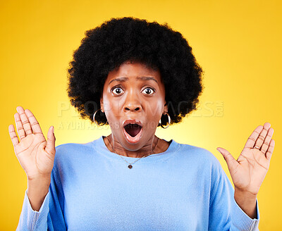 Buy stock photo Scared, surprise and a shocked woman in studio for fear, mental health or surrender. Portrait of African person on yellow background mouth open, hands up or frightened by phobia, gossip or horror