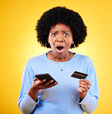 Buy stock photo Shock, credit card and woman portrait with phone scam and fraud from problem in studio. Stress, mobile and confused from phishing, hacking and ecommerce spam with anxiety and yellow background