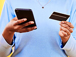 Woman, hands and phone with credit card in online shopping, payment or banking for eft or purchase. Closeup of female person or shopper with debit and mobile smartphone app in ecommerce or buying