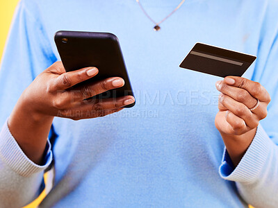 Buy stock photo Woman, hands and phone with credit card in online shopping, payment or banking for eft or purchase. Closeup of female person or shopper with debit and mobile smartphone app in ecommerce or buying