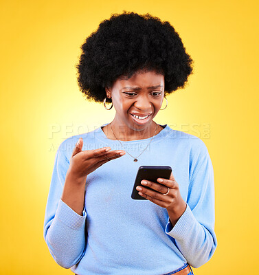 Buy stock photo Frustrated, fraud and woman with phone scam and shock from problem and tech in studio. Stress, mobile error and confused from phishing, hacking and ecommerce spam with anxiety and yellow background