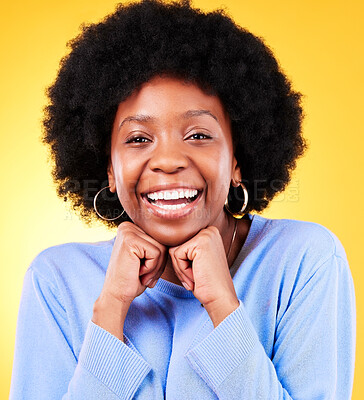 Buy stock photo Portrait, smile and black woman hands on chin in studio, face and excited for skincare and cosmetics on yellow background. Happy, wellness and person with glow for aesthetic and natural beauty