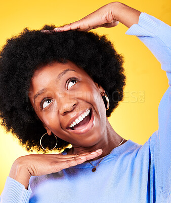 Buy stock photo Skincare, smile and black woman hands on face in studio, dermatology and excited for treatment and cosmetics on yellow background. Happy, wellness and girl with glow for aesthetic and natural beauty