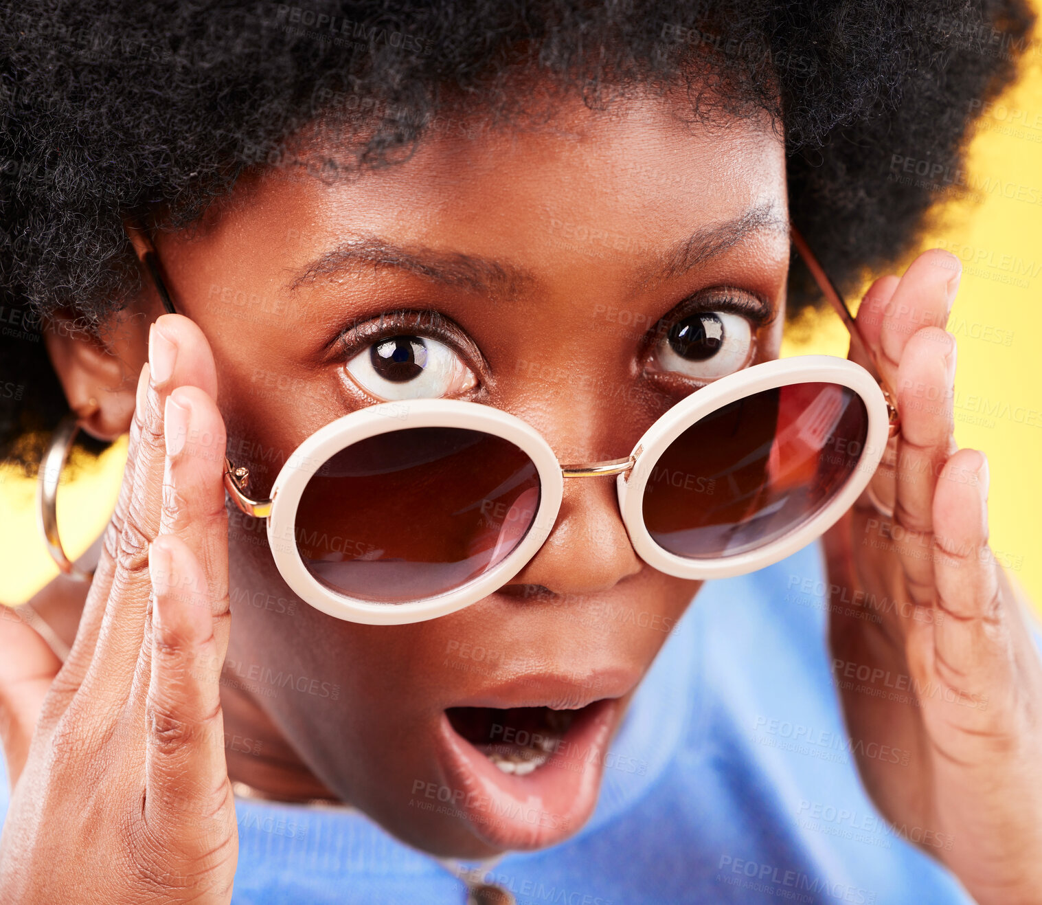 Buy stock photo Surprise, black woman and shock on face with sunglasses, fashion and crazy sale, deal or offer in studio background. Confused, face and African person with shocked, wow or emoji for promotion
