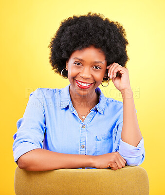 Buy stock photo Happy, thinking and portrait of black woman with beauty, fashion and natural confidence on yellow background in studio. African, smile and person with pride in creative, ideas or model with makeup