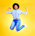 Excited, jump and portrait of black woman on yellow background for good news, wow and surprise. Emoji, winner and happy African person in studio in air for announcement, winning and omg reaction