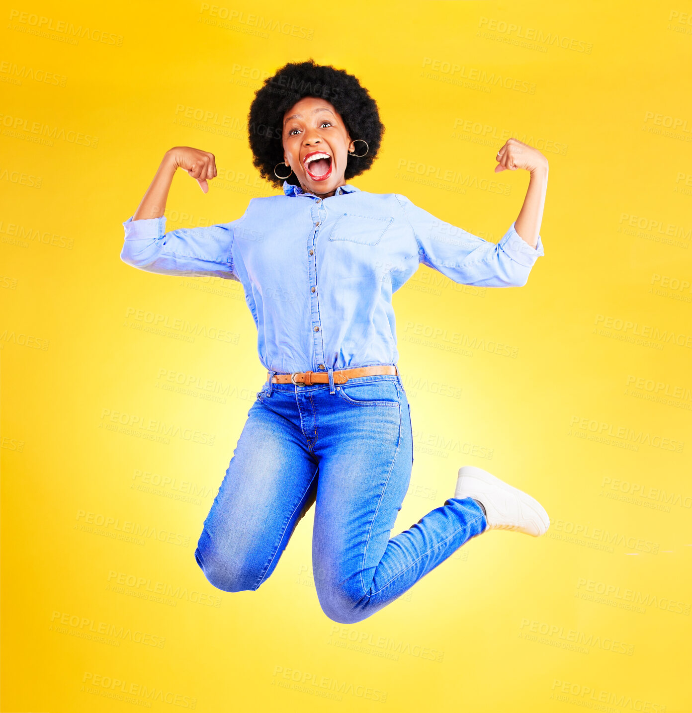 Buy stock photo Excited, jump and portrait of black woman on yellow background for good news, wow and surprise. Emoji, winner and happy African person in studio in air for announcement, winning and omg reaction