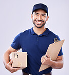 Smile, portrait and delivery man with boxes, and clipboard for transport for ecommerce supplier product. Package, logistics and happy courier person on white background for online sales and services.