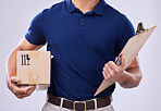 Clipboard, hands and delivery man with box in studio, transport for ecommerce supplier product. Package, logistics and documents, courier person on white background for sales and services invoice.