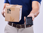 Hand, payment and delivery man with box in studio, safe transport for ecommerce product and banking. Package, logistics and courier person on white background with pos device for sales and services.