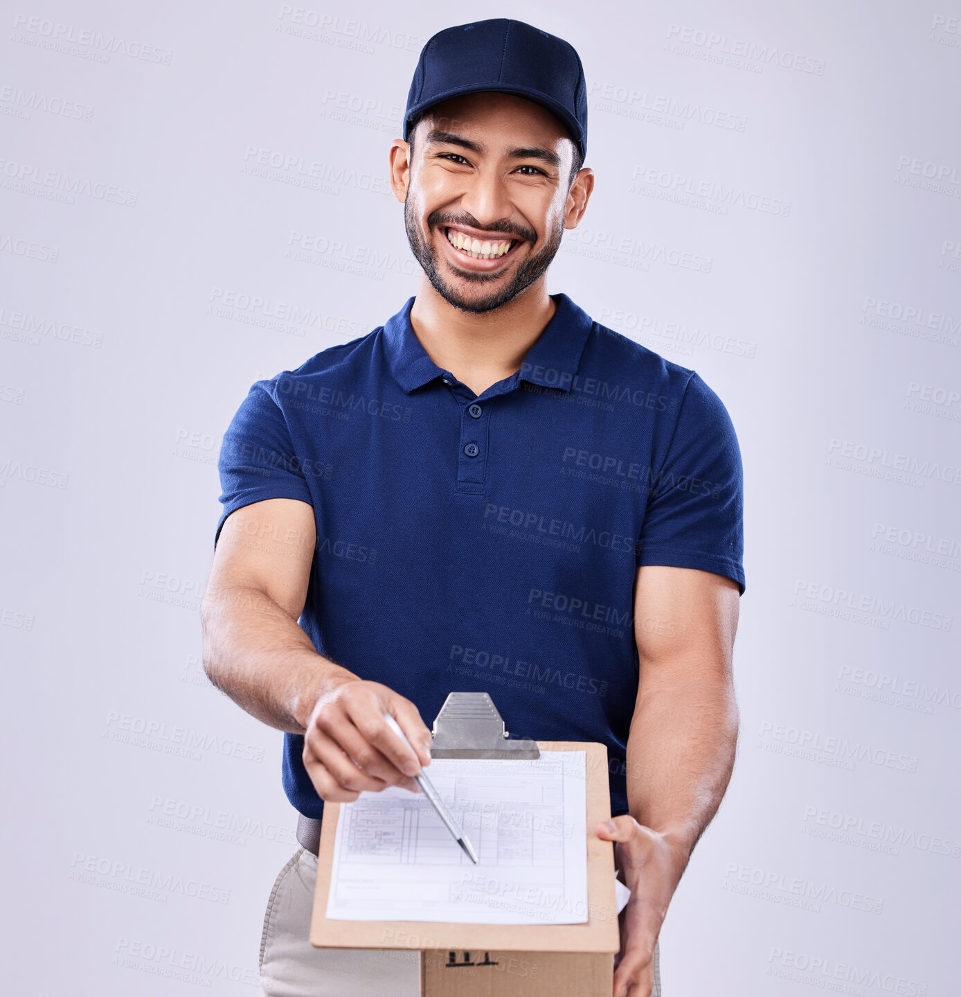 Buy stock photo Signature, portrait and delivery man with box in studio, transport for ecommerce product. Package, logistics and documents to sign, happy courier person on white background for sales and services.