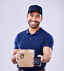 Smile, portrait and delivery man with box, payment and safe transport for ecommerce product in studio. Package, logistics and happy courier person on white background with pos for sales and services.