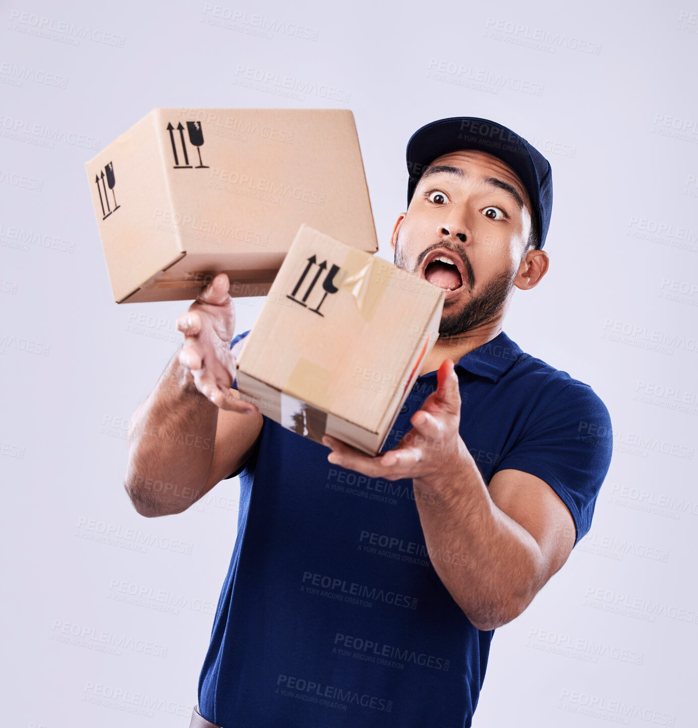 Buy stock photo Courier box, drop and delivery man mistake, problem and accident when shipping product, shopping stock or studio mail. Supply chain crisis, package cargo and export person fail on white background