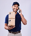 Phone call, shipping box and happy delivery man on conversation, studio discussion or talk to courier contact. Distribution service, cellphone communication or supply chain person on white background