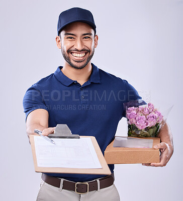 Buy stock photo Delivery portrait, flower bouquet or happy man with clipboard paperwork for signature, service agreement or shipping. Floral order invoice, Valentines Day present or studio person on white background