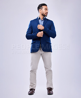 Buy stock photo Business, fashion and man in studio with style, suit and confident, mindset and attitude on grey background space. Fashionable, stylish and asian male entrepreneur with formal, clothes or aesthetic