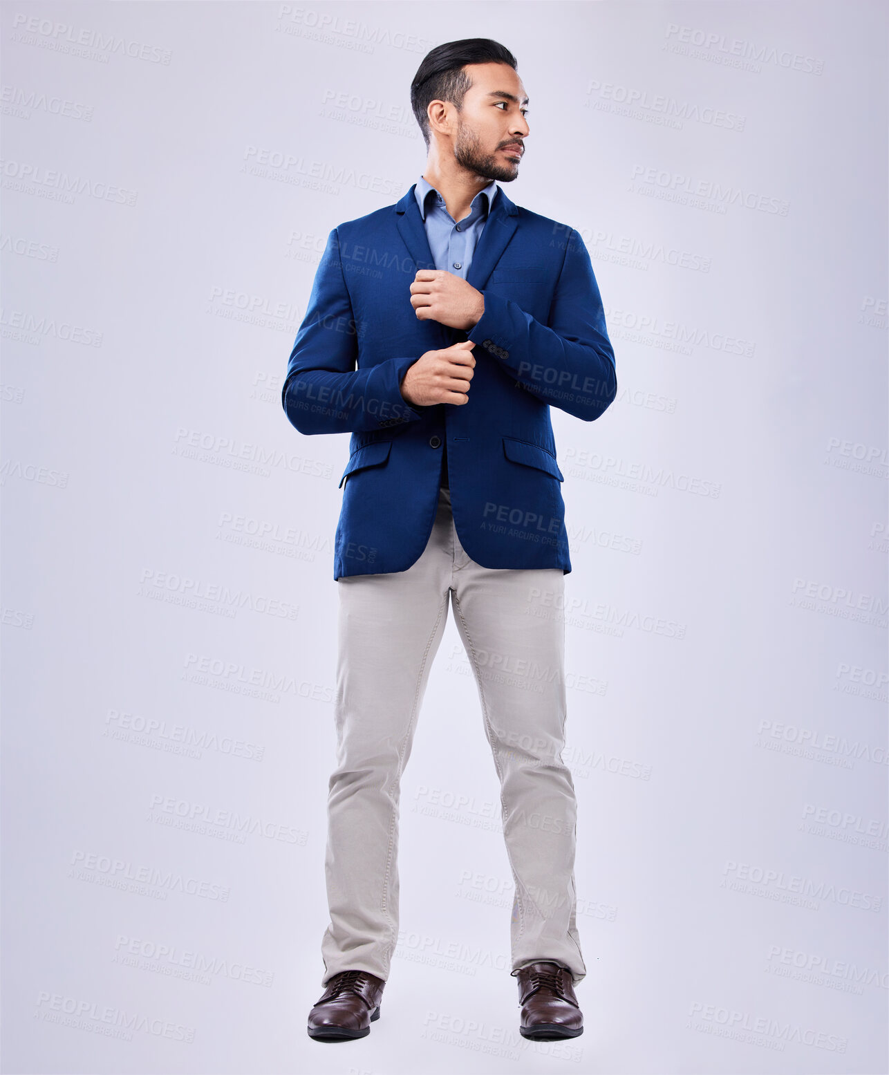 Buy stock photo Business, fashion and man in studio with style, suit and confident, mindset and attitude on grey background space. Fashionable, stylish and asian male entrepreneur with formal, clothes or aesthetic