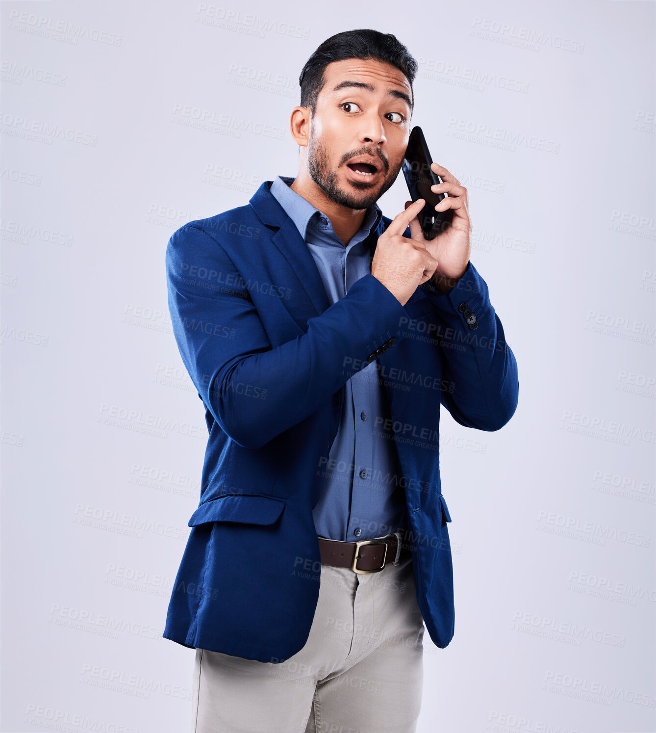 Buy stock photo Talking, busy and a man on a phone call with a studio background for business or networking. Serious, communication and an Asian businessman with a conversation on a mobile for work or negotiation