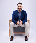 Portrait, smile and business man on chair in studio isolated on a white background mockup space. Professional attorney, happy and confident lawyer, legal employee and Mexican worker in law firm.