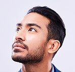 Thinking, decision and face of asian man in studio with idea, asking or wondering on grey background. Questions, why and Japanese male model with choice, brainstorming or problem solving solution